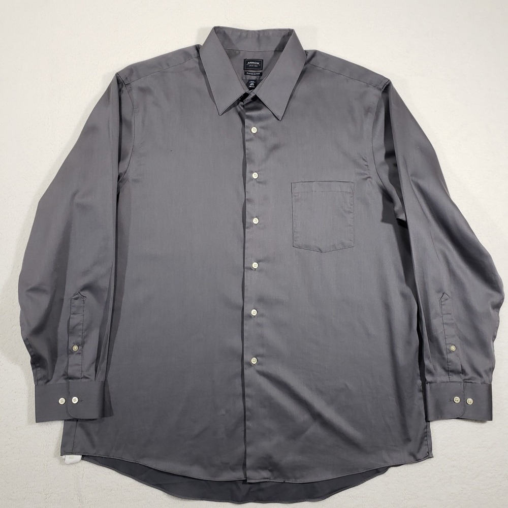 Arrow‎ Dress Shirt Mens 17.5 34/35 Gray Classic Fit No Iron 26W5473088